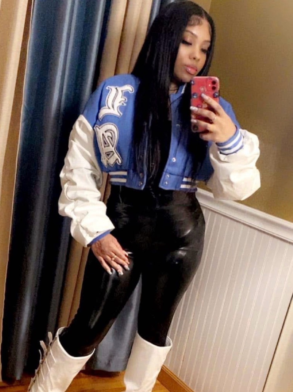 Cropped Blue and White Varsity Jacket - Women's Jacket & Coat
